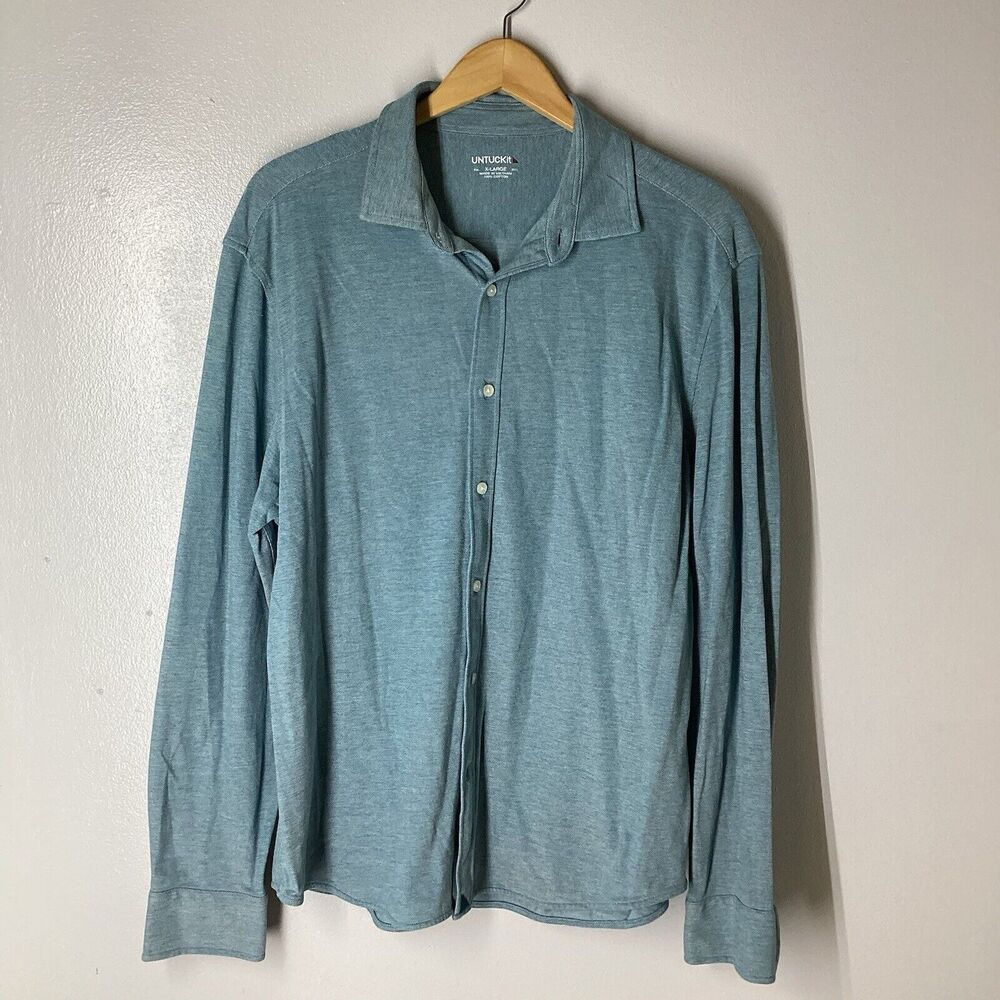 Untuckit Pique Polo BUTTON DOWN Green Deep Teal Xlarge LONG SLEEVE